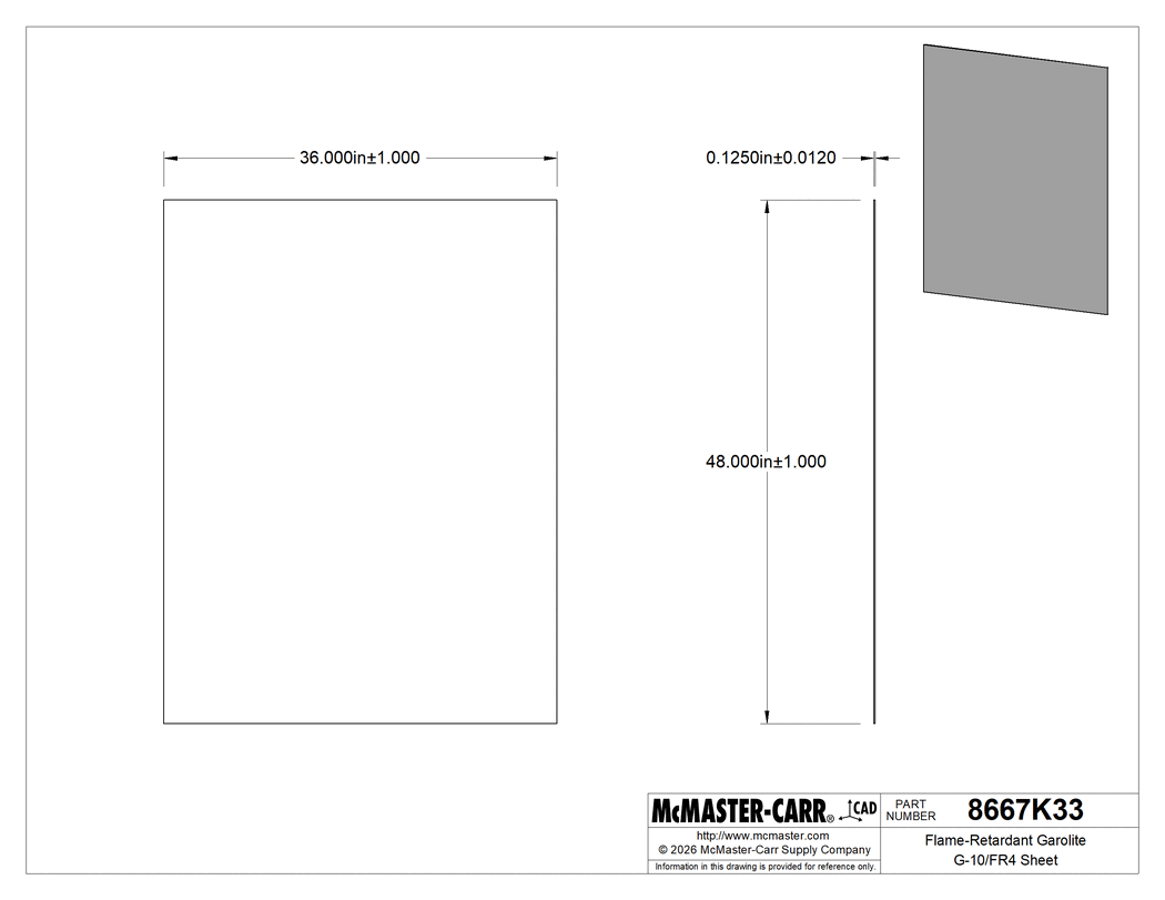 Technical Drawing of Flame-Retardant Garolite G-10/FR4 Sheet, Multipurpose, 36" x 48", 1/8" Thick, Yellow.